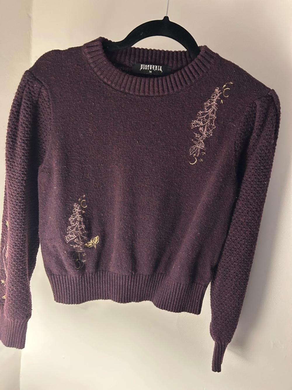 Disturbia Plum Crewneck Sweater with Gold Embroidery